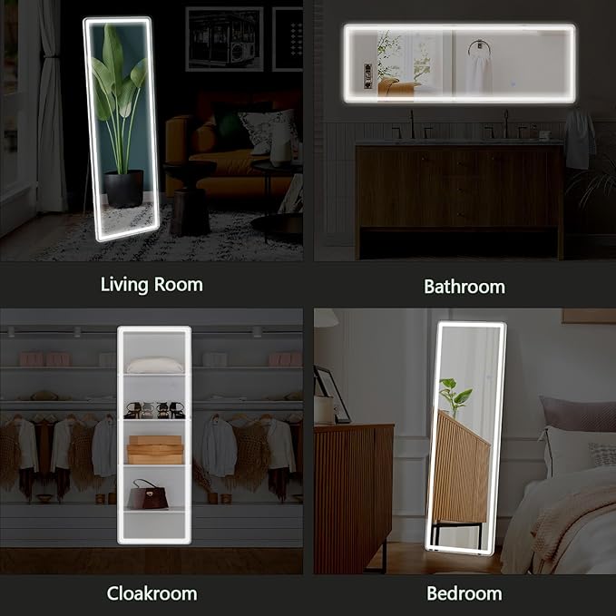 Alpen 64"x21" Full Length Mirror with LED Lights, Lighted Full Body Mirrors, Aluminum Frame Mirror with Dimming & 3 Color Lighting, Hanging Mounted Mirrors for Bedroom Dressing Room Cloakroom
