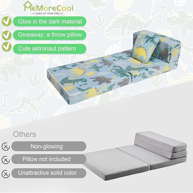 MeMoreCool Glow Dinosaur Tri-fold Sofa Bed for Kids, Foldable Futon Mattress and Chair, Convertible Floor Couch for Playroom