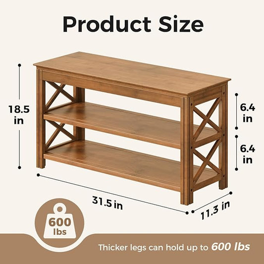 Bamworld Shoe Rack Bench with Storage 3 Tier Bamboo Shoe Bench Entryway Rustic Solid Wood Entryway Bench (X-Brown,31.5")