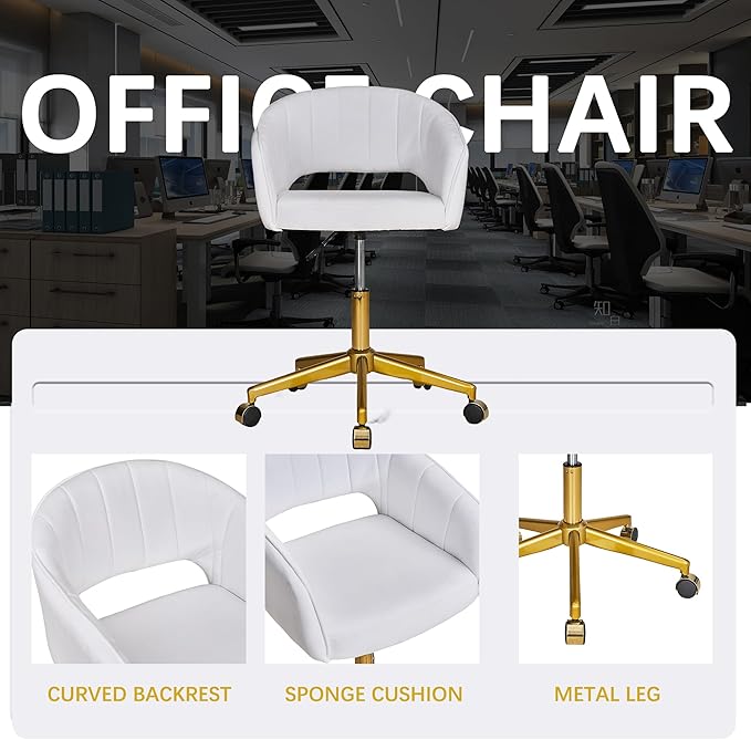 VECELO Velvet Accent Chair, Adjustable Luxury Vanity & Dining Chair with Gold Rolling Base, 360°Swivel Upholstered Armchair for Living Room, Bedroom, Home Office, Pearl White