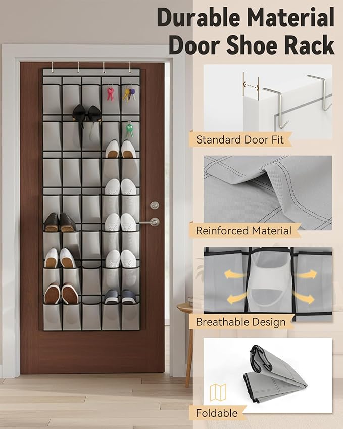 dodowin Over the Door Shoe Organizer Rack, 35 Large Breathable Mesh Pockets, Foldable Hanging Storage Holder for Closet Door, Space Saving Shoe & Accessory Organizer with 4 Metal Hooks, Gray