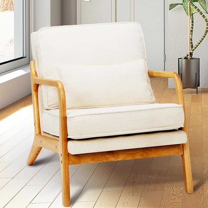 Modern Accent Chair Set of 2 with Lumbar Pillow, Relaxing Mid Century Chair Armchair with Solid Wood Frame & Soft Cushion, Reading Leisure Armchair for Living Room, Beige