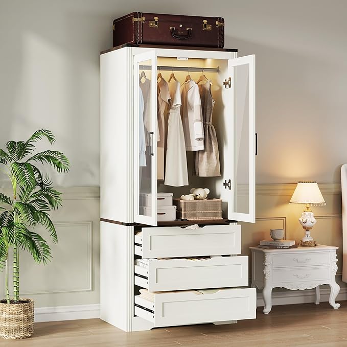 Concho 73'' Tall Farmhouse Armoire Wardrobe Closet with LED Light, Wood Wardrobe Closet with 2 Doors 3 Drawers, Freestanding Bedroom Armoire Clothing Storage Cabinet, White