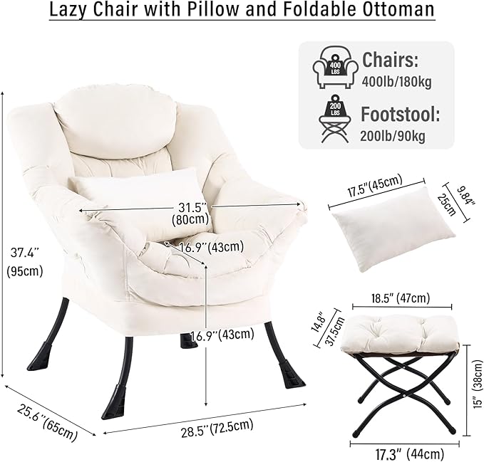 Lazy Chair with Ottoman, Modern Accent Chair with Lumbar Pillow, Velvet Beige Sofa, Armchairs with Folding Footrest, Oversized Supportive Chairs for Bedroom, Reading