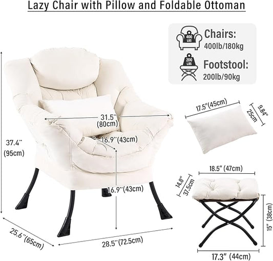 Lazy Chair with Ottoman, Modern Accent Chair with Lumbar Pillow, Velvet Beige Sofa, Armchairs with Folding Footrest, Oversized Supportive Chairs for Bedroom, Reading