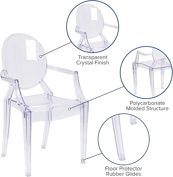 Flash Furniture Indoor/Outdoor Ghost Accent and Dining Chair with Curved Arms and Contoured Seat, Stackable Restaurant Chair, Transparent Crystal