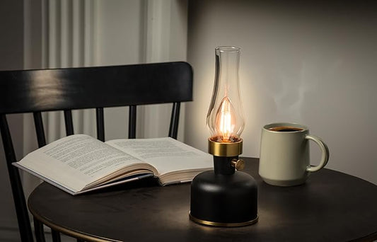 Abbott Collection Lantern LED Lamp with Chimney, Portable Table Light - Metal/Glass, Black (10.5" H)