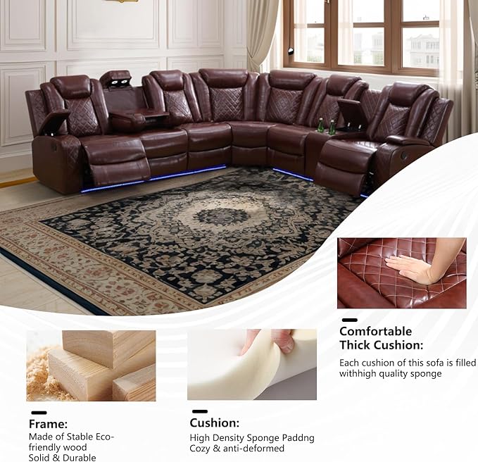 Power Recliner Sectional Sofa with LED Lighting, Breathing Leather Corner Couch with USB Port and Storage Console, Cup Holders, Reading Light – Home Theater & Living Room Seating (Red)