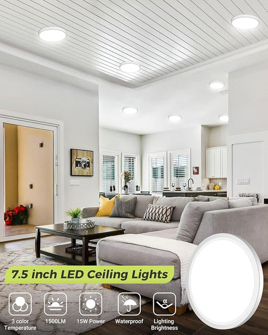 12PACK LED Flush Mount Ceiling Light, 3CCT Selectable 3000K-4000K-6500K & 100W Equivalent Modern Kitchen Recessed Ceiling Lamp 15W 1500Lm 7.5 Inch for Bathroom Closet Laundry Bedroom Hallway, White