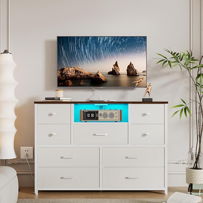 Dresser for Bedroom with 9 Drawers, White Storage Organizer TV Stand for 55" TV with LED Lights and Sockets, Fabric Chest of Drawers with PU Finish for Kid Room, Entryway, Living Room, Hallway