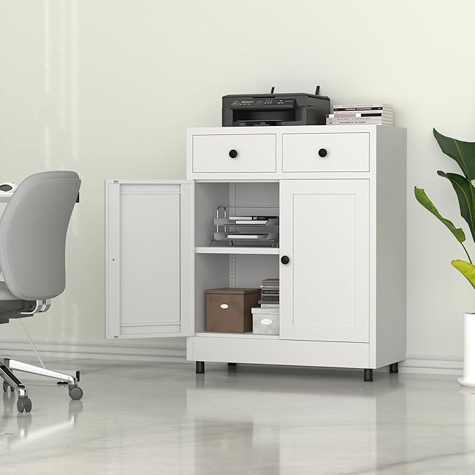 Metal Storage Cabinet with 2 Drawers and Adjustable Shelf, Sideboard Buffet Cabinet for Home, Office, Hallway, Entryway, Living Room, Kitchen Pantry and Dining Room (White)