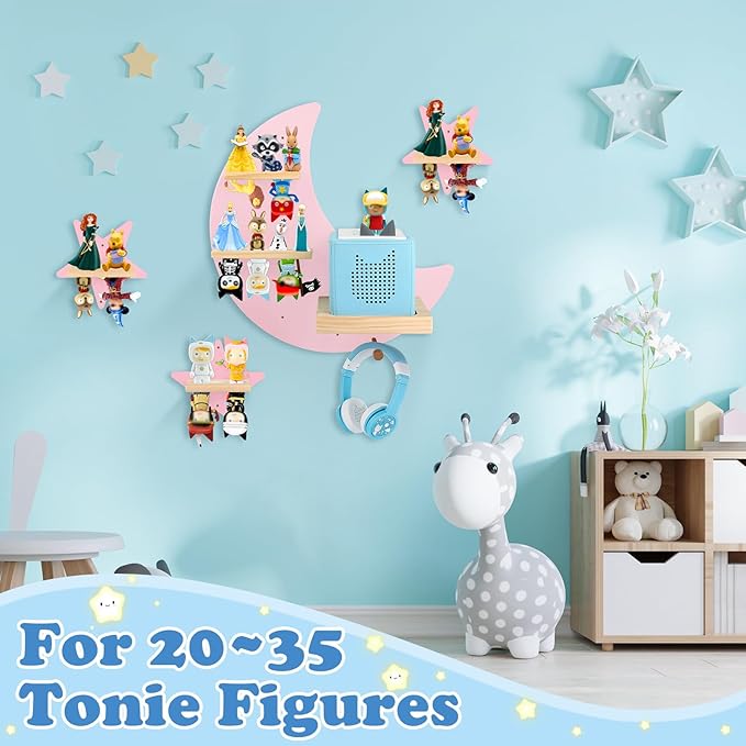 Moon + Stars for Toniebox 1/2 Tonies Figures Organizer Storage Shelf Wall Mounted, Magnetic Floating Shelves for Toniebox Player, Characters, Earphones, Display Collection 20~30 Characters (Pink)