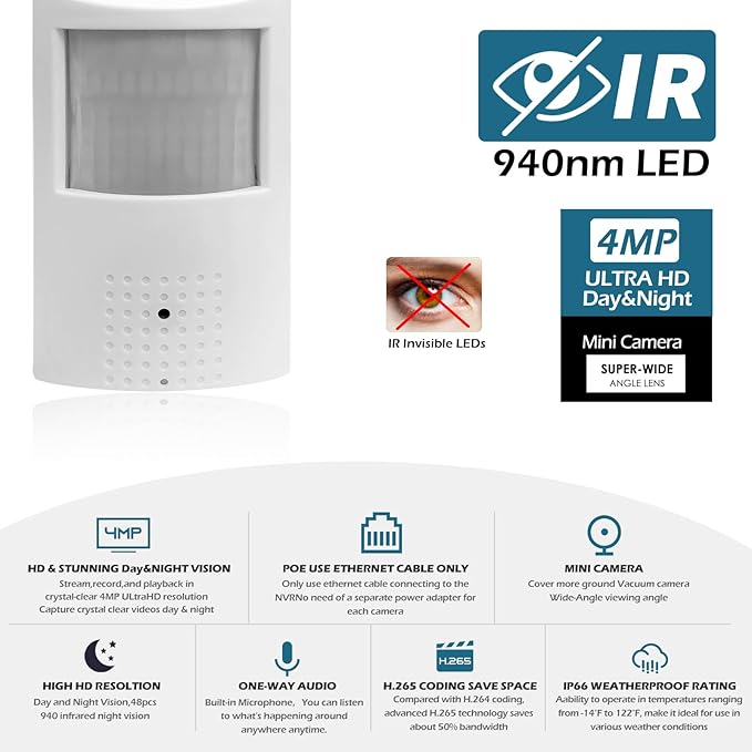 Audio 4MP(1440P) 3.7mm Lens Night Vision Mini IP 940nm Infrared IR led PIR Style P2P Indoor POE Motion Detector Security Camera for NVR/RSTP(NOT Wireless)