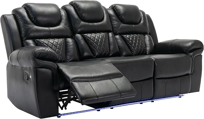 ERYE 83-Inch Oversized Manual Reclining Sofa with LED Strip and Cupholders for Living Room Home Theater, Multifunctional Faux Leather 3 Seaters Manual Recliner Couches | Charging Station, Cup Holder, LED Light Strips