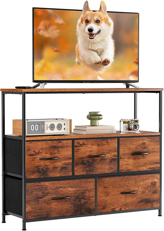 NEWBULIG 5 Drawer TV Stand with Wood Top, Entertainment Center for 45 inch TVs & Fabric Storage Organizer, Adjustable Feet, for Bedroom & Living Room,Brown02