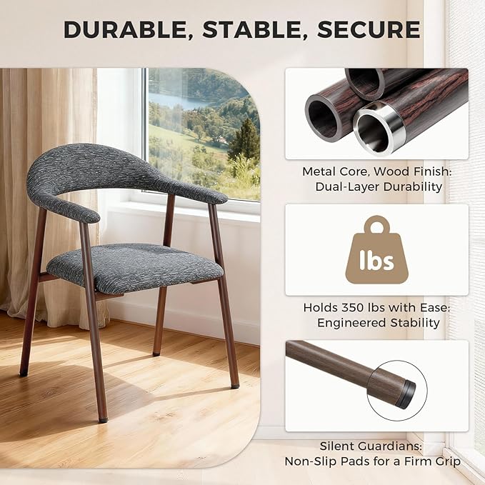 DUMOS Dining Chairs Set of 2, Modern Linen Fabric Upholstered Kitchen Side Chairs with Curved Backrest, Accent Farmhouse Metal Chairs for Kitchen Dining Room Restaurant Cafe, Gray