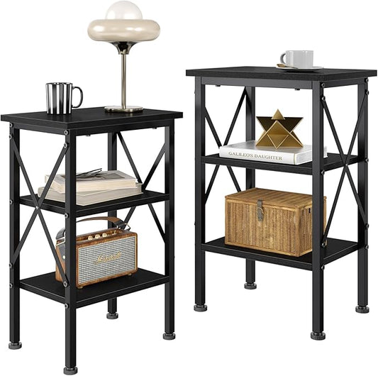 VECELO End Table Set of 2, Bedside Table, 24" Tall Living Room End Tables, X-Design Reinforced Nightstands, Side Table with 3-Tier Storage Shelves for Small Spaces, Office, Bedroom, Classic Black