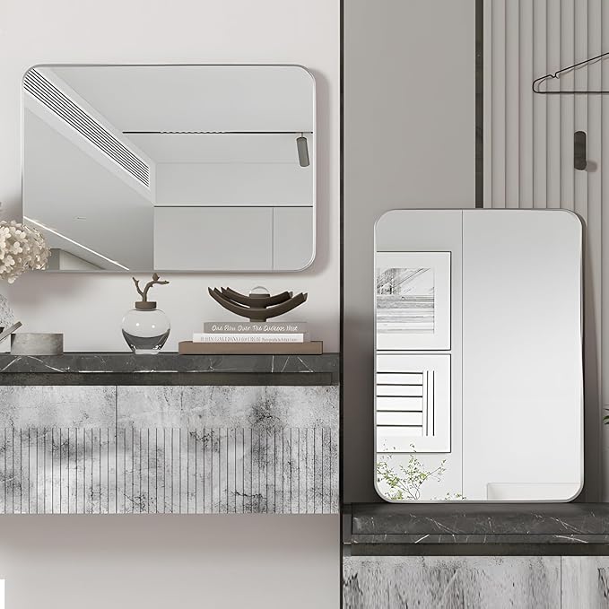 Manocorro Wall Mirror Bathroom Mirror, 20 x 28 Inch Silver Rectangular Mirror with Aluminum Alloy Frame, Rounded Corner Hanging Mirror Decor for Entryway, Bedroom, Living Room, Silver