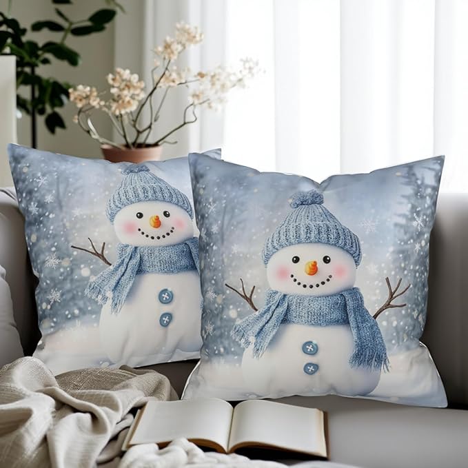 Blue Snowman Throw Pillow Covers Winter Pillow Covers 24x24 Snowflakes Pillow Case Double Sided Printing Cushion Case for Home Decor Couch Sofa Set of 2