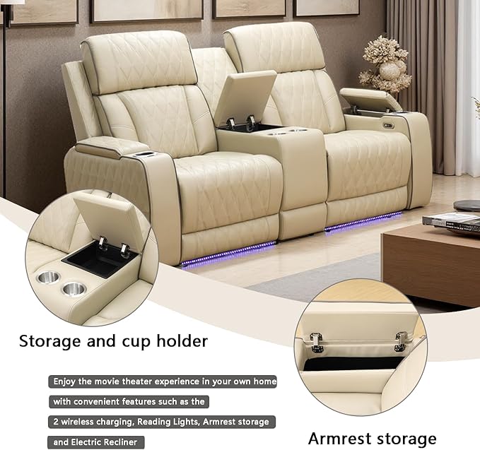 A Ainehome Power Leather Recliner Sofa Set with LED Lights, Recliner Sofa Sectional Couches for Living Room, Reclining Sofa, loveseat, Chair with USB Port/Storage Console/Cup Holder(Khaki,loveseat)