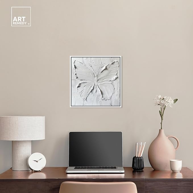 Art Remedy White Butterfly Canvas Elegant White Gold Wall Art, White Frame, 16" x 16"