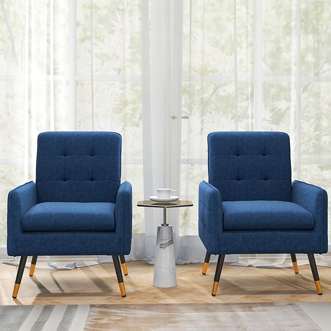 Giantex Modern Mid-Century Accent Chair Set of 2 - Upholstered Armchair with Tufted Back, Metal Legs, Adjustable Foot Pads, Fabric Single Sofa Chair for Reading, Living Room Chair for Bedroom, Blue