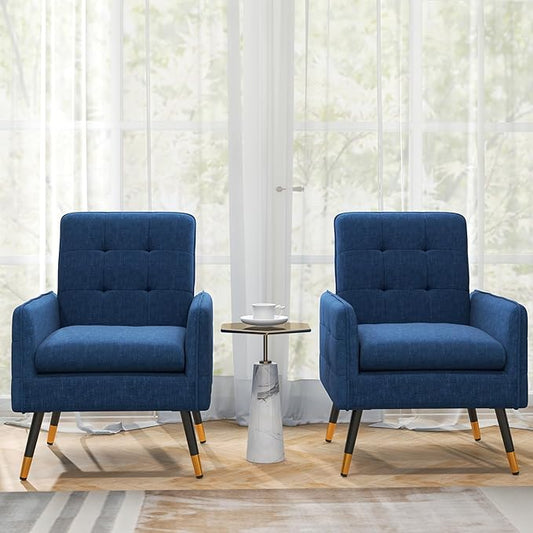 Giantex Modern Mid-Century Accent Chair Set of 2 - Upholstered Armchair with Tufted Back, Metal Legs, Adjustable Foot Pads, Fabric Single Sofa Chair for Reading, Living Room Chair for Bedroom, Blue