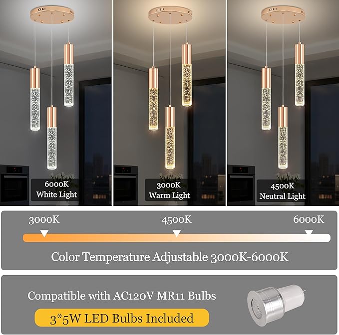 Modern Crystal Chandelier for Kitchen Island 3-Lights, Elegant Gold LED Bubble Pendant Lighting Fixture for Dining Room Bedroom Entryway