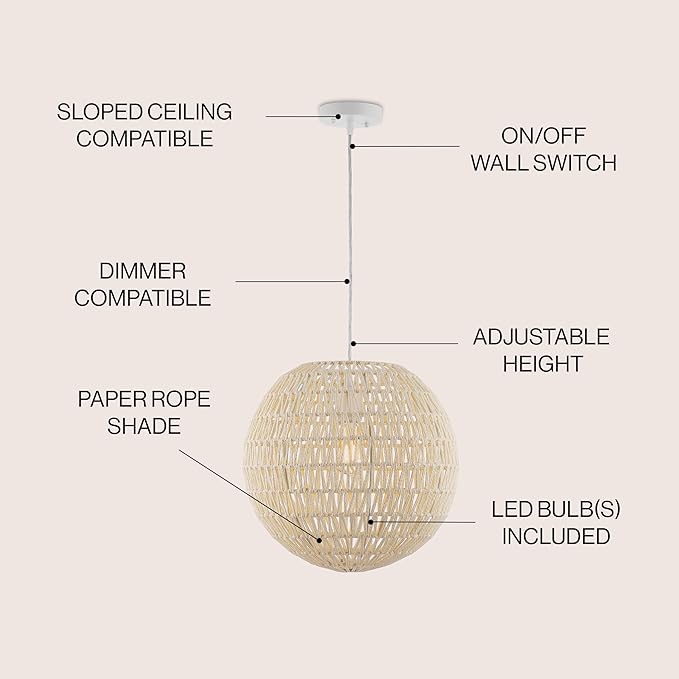 JONATHAN Y 15.75" Cream/White 1-Light Modern Bohemian Woven LED Pendant Light, Adjustable Hanging Ceiling Lamp for Kitchen Island Dining Room, Paper Wicker Shade, Bulb Included (JYL6503B)