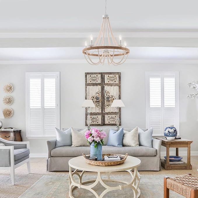 Wood Beaded Chandelier 5 Lights Boho Candle French Country Farmhouse Chandelier Bohemia Pendant Light for Living Room Dining Room Kitchen Foyer, Distressed White, Dia 26”