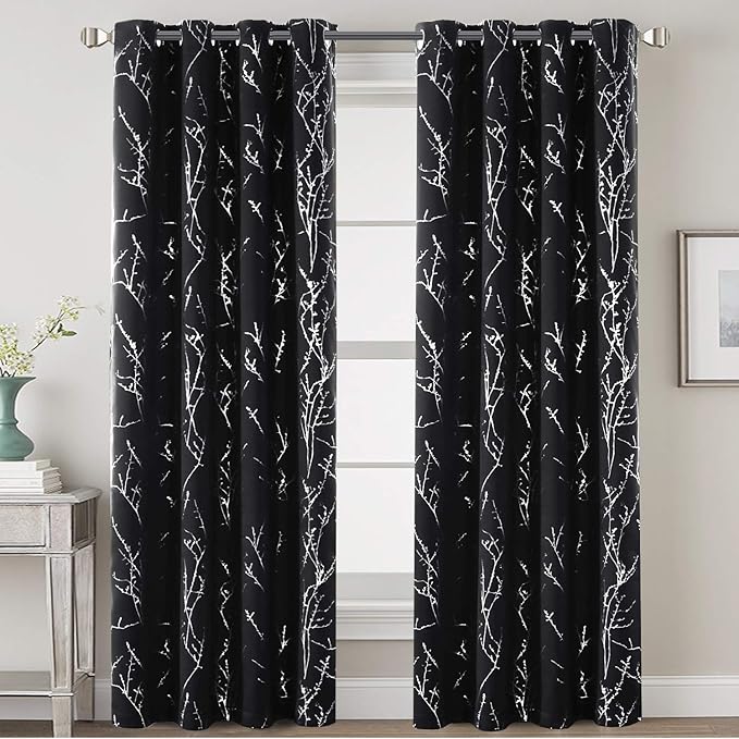 H.VERSAILTEX Blackout Curtains for Bedroom Foil Print Twig Tree Branch Thermal Insulated Grommet Curtain Drapes Light Blocking Thick Soft Window Curtains for Living 52 x 84 Inch, 2 Panels, Black