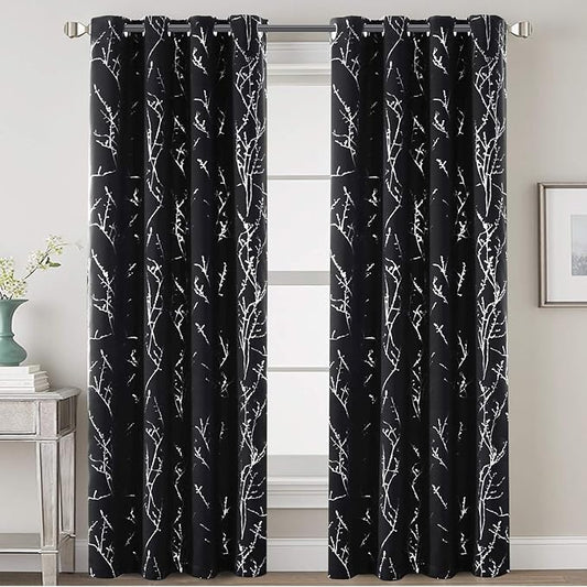 H.VERSAILTEX Blackout Curtains for Bedroom Foil Print Twig Tree Branch Thermal Insulated Grommet Curtain Drapes Light Blocking Thick Soft Window Curtains for Living 52 x 84 Inch, 2 Panels, Black
