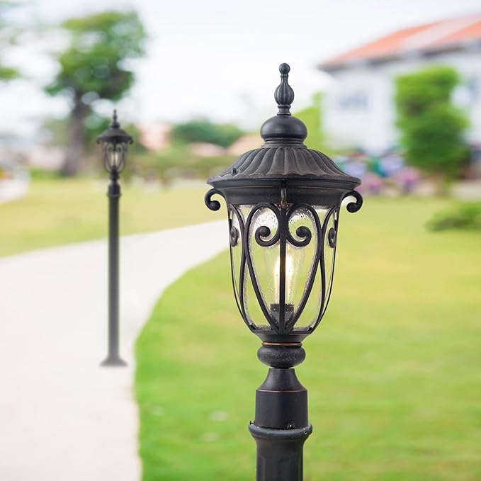 Outdoor Post Light Fixture with Pier Mount, 24 Inch High Vintage Post Lamp for Yard, Antique Bronze Exterior Waterproof Pole Lantern with Seeded Glass Shade, Aluminum, LM0519-M