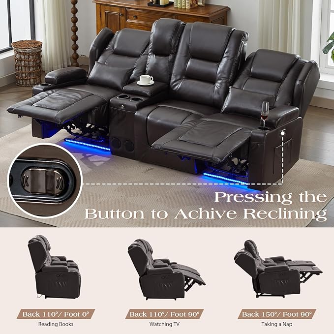 Oprisen 3-Seater Power Recliner Sofa Couch Flip Middle Backrest Reclining Sofa Chair for Living Room with Multi-Function Console/Cup Holders/LED Ambient Light