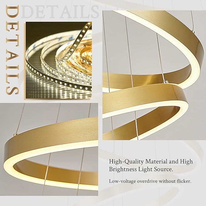 High Ceiling Brushed Gold Ring Chandeliers 7-Ring LED Chandelier Dimmable Modern LED Chandeliers 31" Large Foyer Chandelier Entryway Living Room Staircase, 3000K-6500K