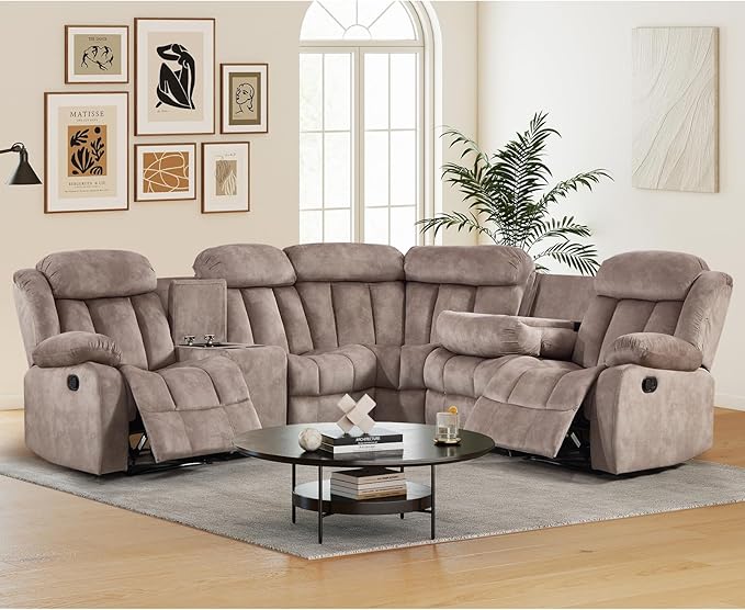 EBELLO Manual Reclining L-Shaped Sectional Sofa Set, Soft Fabric Corner Couch with Center Console, Cup Holders and Storage – Perfect Living Room Home Set Furniture, Light Brown