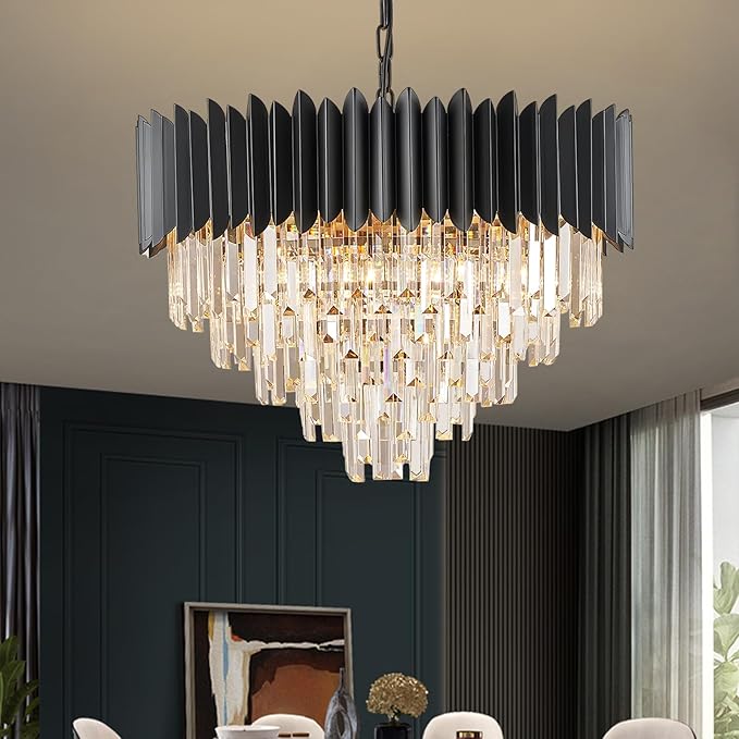 Black Crystal Chandelier 24'' K9 Crystal Round Pendant Lights Adjustable 5-Tier Large Modern Crystal Chandelier Light 10-Lights for Dining Room Living Room Kitchen Foyer Entryway