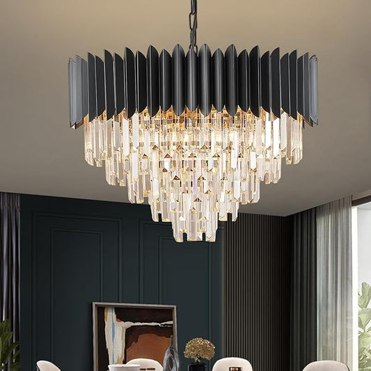 Black Crystal Chandelier 24'' K9 Crystal Round Pendant Lights Adjustable 5-Tier Large Modern Crystal Chandelier Light 10-Lights for Dining Room Living Room Kitchen Foyer Entryway