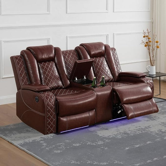 Power Recliner Sofa Set for Living Room, Leather Reclining Sofa Sets with Storage Console, Living Room Furniture Sets with LED Lights(Loveseat,Wine)