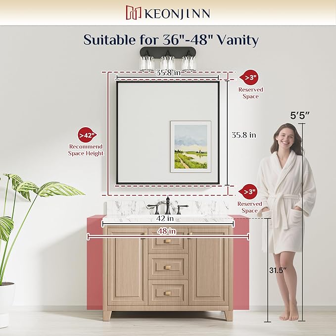 Keonjinn 36 x 36 Inch Black Bathroom Mirrors for Over Sink, Beveled Rectangle Framed Mirror for Wall, Black Bathroom Vanity Mirror, Tempered Glass, Square Corner, Farmhouse Style