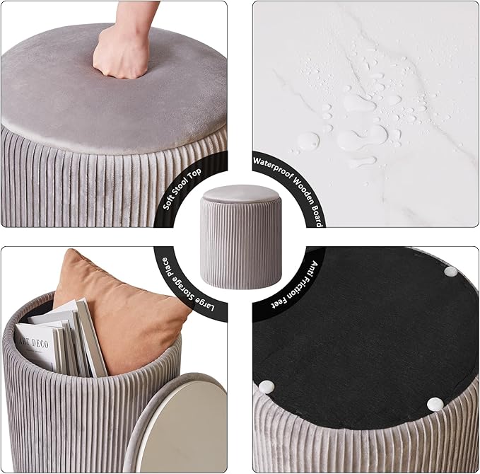 IBUYKE Round Ottoman with Storage Set of 2 Boucle Ottoman End Table for Living Room Vanity Stool Velvet Footrest Stool Bar Stool Grey UWBD005G