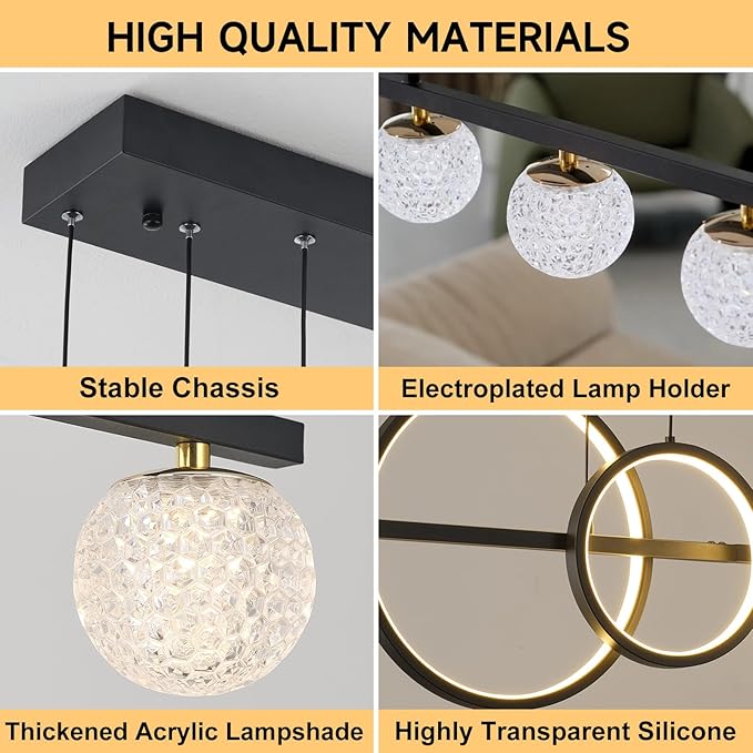 Modern Black Gold Chandeliers for Dining Room, 47in Dimmable LED Chandelier Linear Pendant Light for Kitchen Island, Upgraded 6 Globe Hanging Pendant Chandelier Lighting (2 Rings, 4200lm)