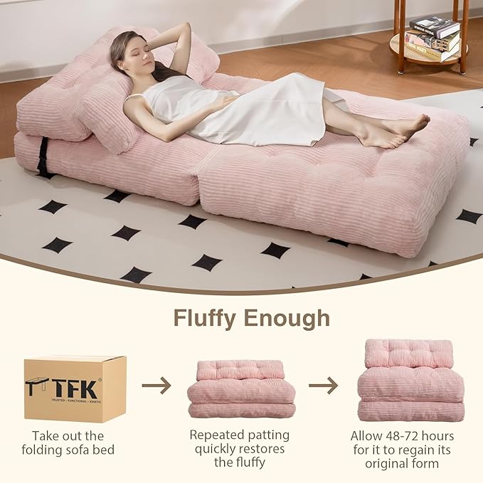 Folding Sofa Bed, Folding Chair Bed with Pillow, Convertible Lazy Sofa Bed with High-Density Support Foam, Fold Out Chair for Small Spaces Living Room Bedroom, Pink