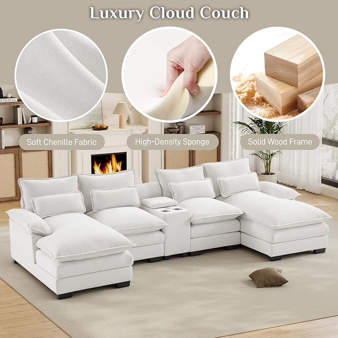 124" Oversized U Shaped Cloud Couch Modular Sectional Couches for Living Room Comfy Chenille Deep Seat Sofa Set with Double Chaise Lounge, Storage Central Console, USB Port, Cup Holders, Beige