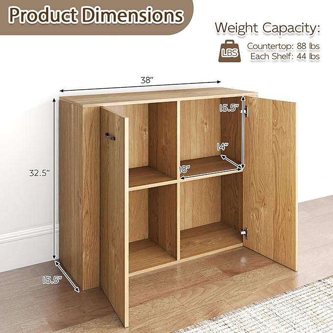 Giantex Modern Storage Cabinet, 38" Credenza with 2 Doors and 4 Cubic Shelves, Anti-Tipping Device, Sturdy Metal Hings, Wooden Sideboard Cabinet for Living Room, Kitchen, Entryway, Natural