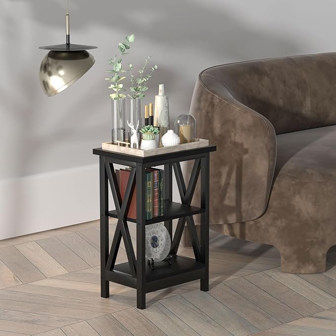 VECELO End Table Set of 2, Bedside Table, 24" Tall Living Room End Tables, X-Design Reinforced Nightstands, Side Table with 3-Tier Storage Shelves for Small Spaces, Office, Bathroom, Bedroom, Black