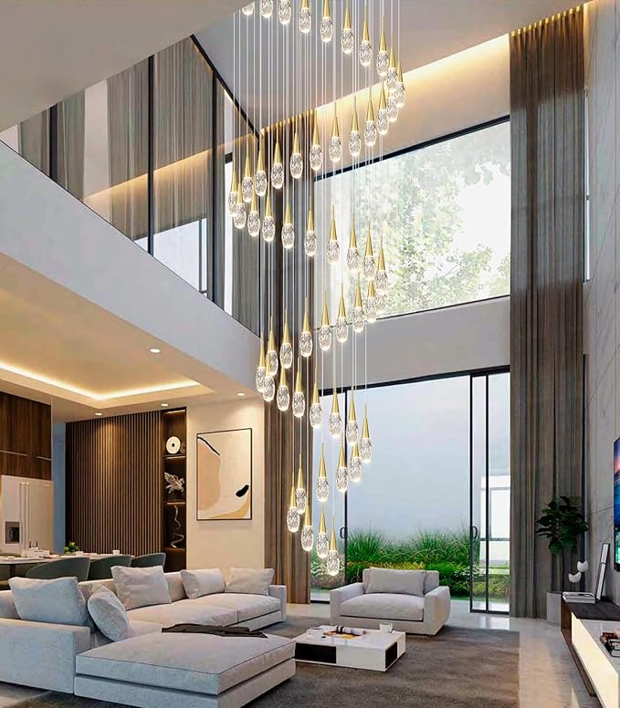 56-Lights 20 Feet Large Modern Chandelier LED Light Fixtures High Ceiling Long Light Chandelier for Entrance Foyer Dimmable Lights with Remote Living Room Ceiling Pendant Lighting Shine Gold