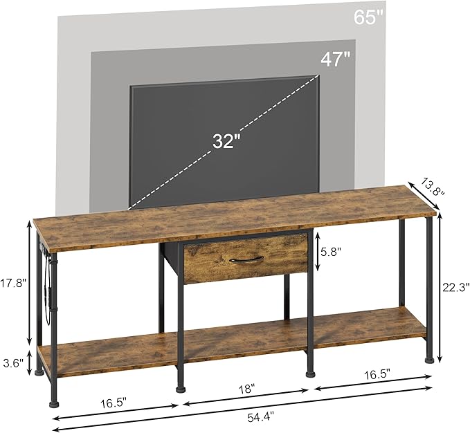 GYIIYUO LED TV Stand for 65 60 55 Inch TV, Entertainment Center with Power Outlet and Fabric Drawers, Industrial TV Console Table for Living Room Bedroom, 55" Rustic Brown