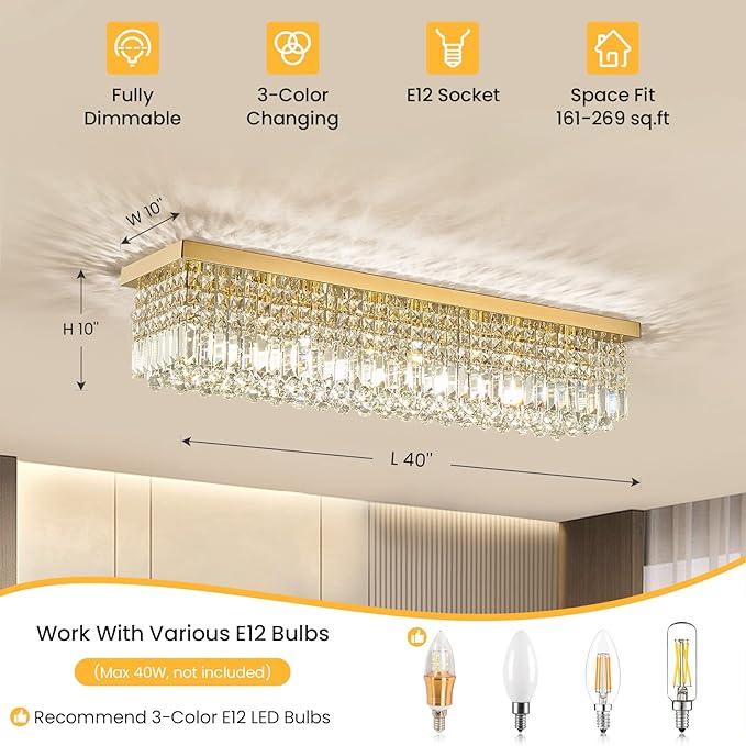 Siljoy Modern Gold Crystal Chandelier for Dining Room, 8-Light Rectangular Flush Mount Crystal Raindrop Chandelier, Luxury Dimmable Crystal Ceiling Light for Living Room Kitchen Island Bar L40''