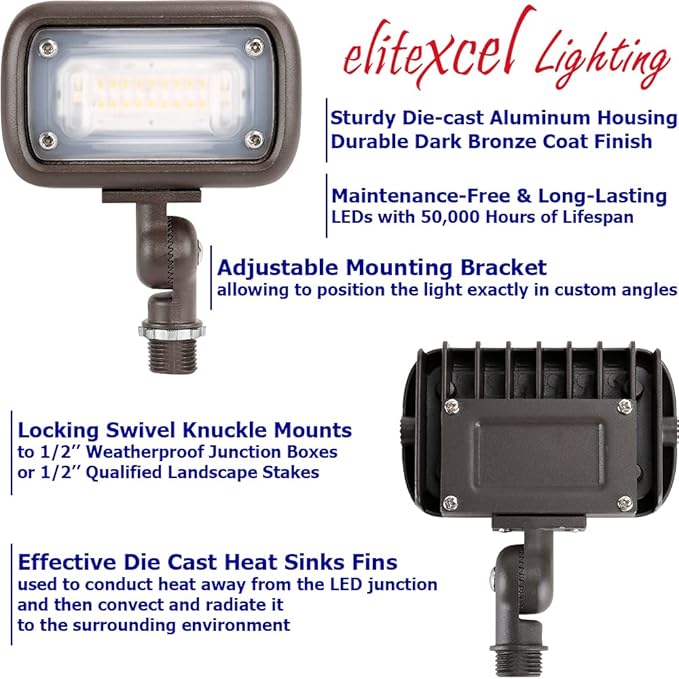 Backyard Lights Outdoor Security, EliteXcel Gen2 15W UL Listed Landscape Lights, 1500Lumen LED Flood Flagpole Light Outdoor Waterproof, 5000K Daylight, 1/2" Knuckle Mount, 120-277V and 5 Year Warranty